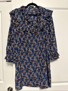 Sandro Blue and Black Paisley Ruffle Dress